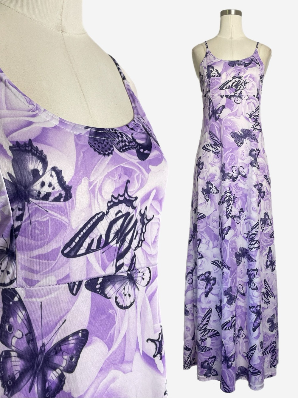 Vintage Y2K Ultra Flirt Purple butterfly floral tie back slip maxi dress S/M